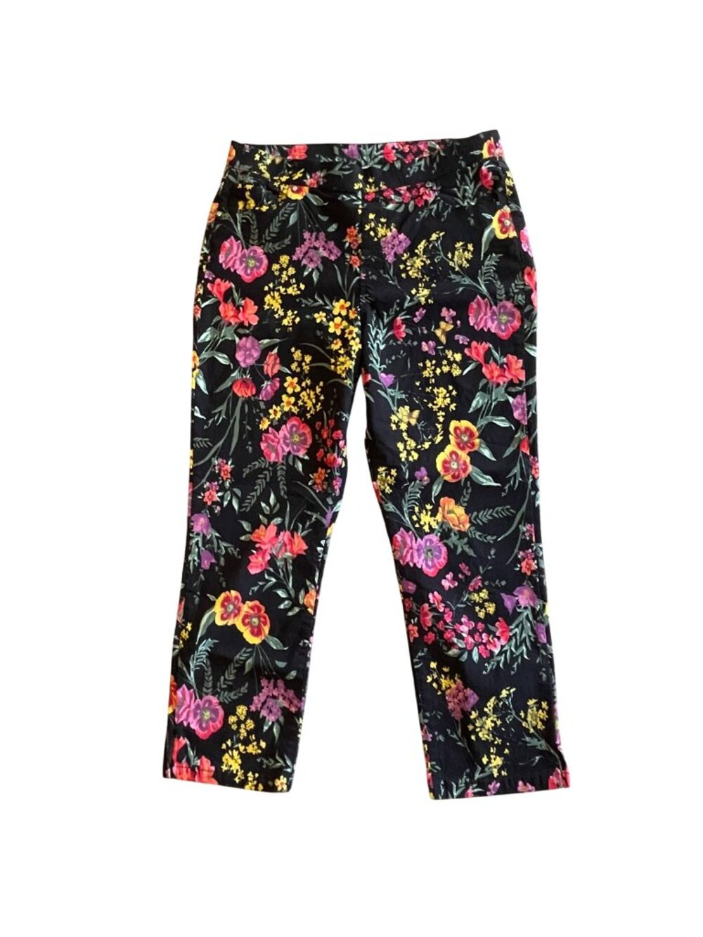 Susan Graver Women's Uptown Cropped Pants Black Floral Pull-on Size 10